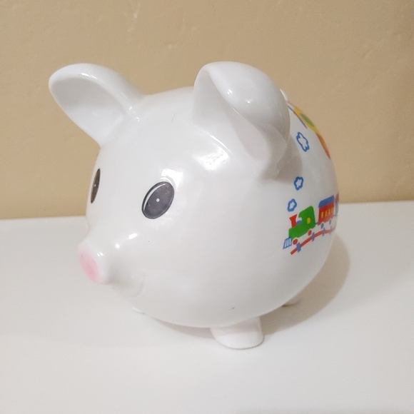 Ceramic white with trains kids piggy bank - Picture 2 of 7